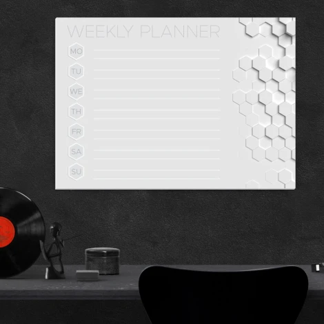 Tablica magnetyczna suchościeralna Weekly planner 423 - Wzór graficzny. Grafika przedstawia sześciokąty w odcieniach