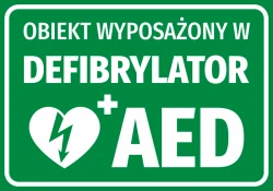 Naklejka Obiekt wyposażony w defibrylator AED - Wzór graficzny. Zielone tło z białym napisem i symbolem serca z błyskawicą