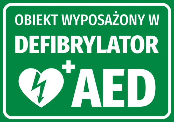 Naklejka Obiekt wyposażony w defibrylator AED - Wzór graficzny. Zielone tło z białym napisem i symbolem serca z błyskawicą
