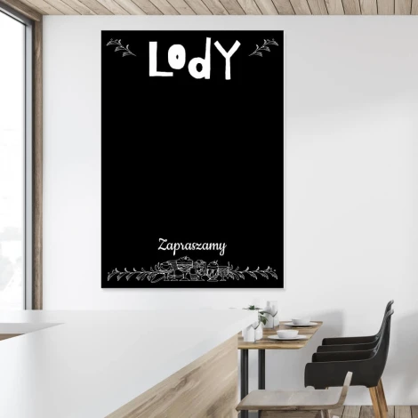 Tablica kredowa lody 055 - Wzór graficzny. Czarny tło z białym napisem Lody i rysunkiem lodów na dole