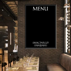 Tablica kredowa menu 066 - Aranżacja w restauracji. Ciemne ściany z cegły, drewniane stoły i krzesła