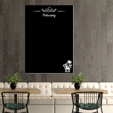 Tablica kredowa polecamy 051 - Aranżacja w kawiarni. Ściany w odcieniu brązu, jasne meble i rośliny