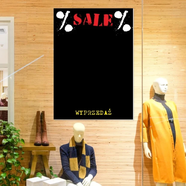 Tablica kredowa sale - wyprzedaż 065 - Aranżacja w sklepie odzieżowym. Ściany w odcieniu jasnego drewna, minimalistyczny