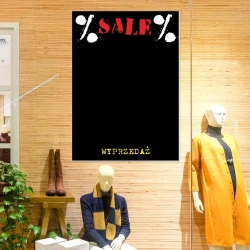 Tablica kredowa sale - wyprzedaż 065 - Aranżacja w sklepie odzieżowym. Ściany w odcieniu jasnego drewna, minimalistyczny