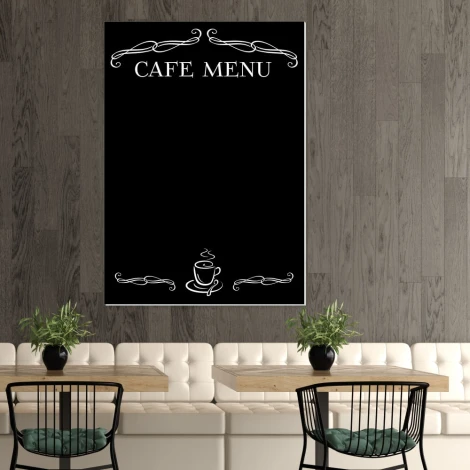 Tablica kredowa z nadrukiem cafe menu 015 - Aranżacja w kawiarni. Ściany w odcieniach brązu, jasne meble