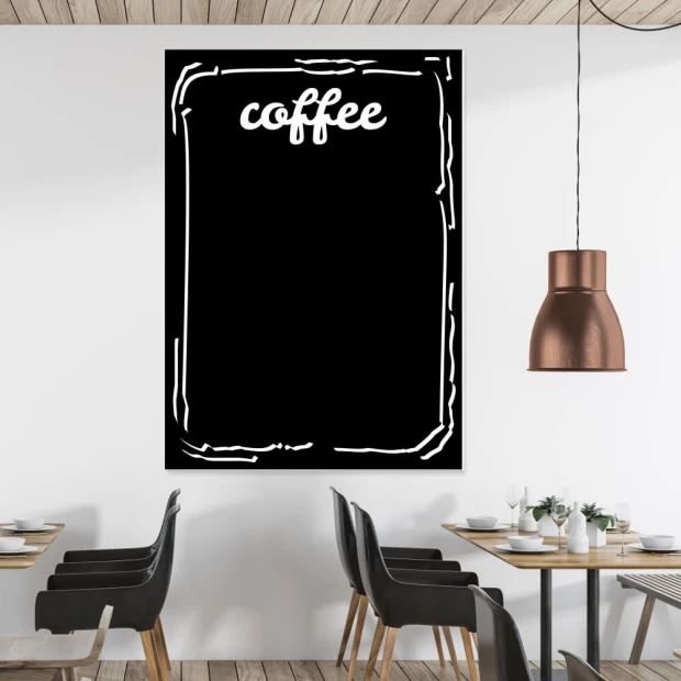Tablica kredowa z nadrukiem coffee 010 - Aranżacja w kawiarni. Ściany w jasnych kolorach, drewniane elementy i metalowe