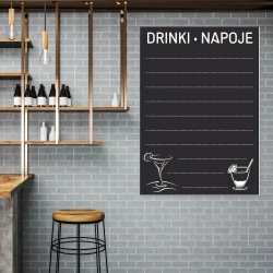 Tablica kredowa z nadrukiem drinki napoje 023 - Aranżacja w kuchni. Szare cegły na ścianach, drewniane elementy mebli
