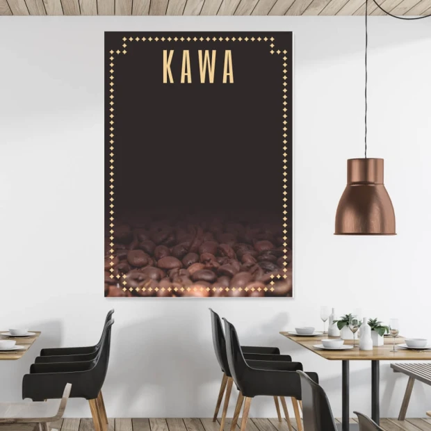 Tablica kredowa z nadrukiem kawa 025 - Wzór graficzny. Grafika przedstawia ziarna kawy na ciemnym tle z napisem KAWA u góry