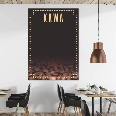 Tablica kredowa z nadrukiem kawa 025 - Wzór graficzny. Grafika przedstawia ziarna kawy na ciemnym tle z napisem KAWA u góry