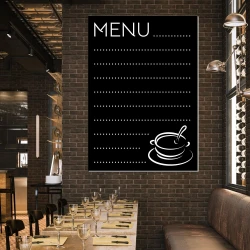 Tablica kredowa z nadrukiem menu 021 - Aranżacja w restauracji. Ciemne cegły na ścianach, drewniane stoły i krzesła