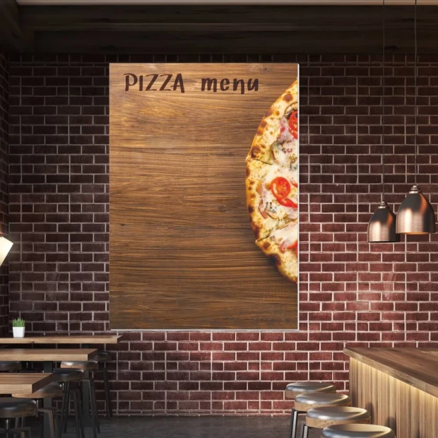 Tablica kredowa z nadrukiem pizza menu 029 - Aranżacja w restauracji. Ciemne cegły i drewniane meble