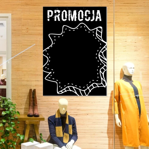 Tablica kredowa z nadrukiem promocja 078 - Aranżacja w sklepie. Ściany w odcieniu jasnego drewna, obok manekin w płaszczu