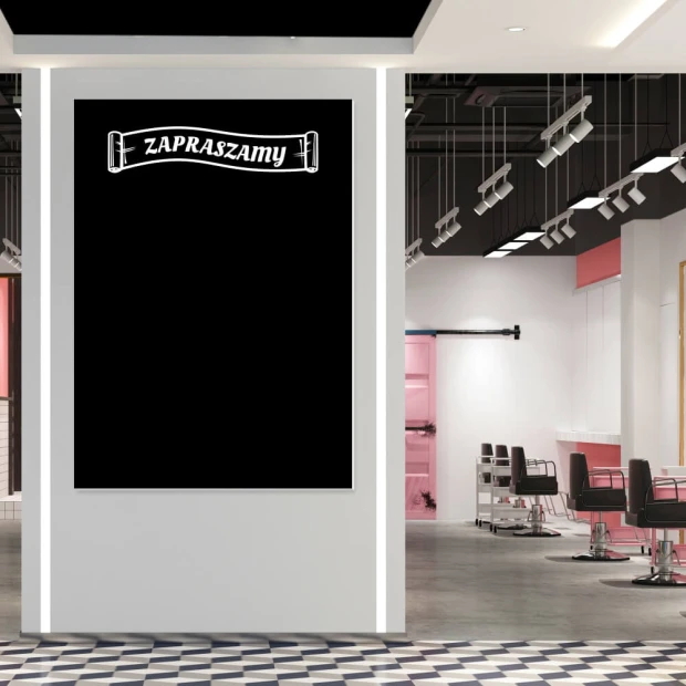Tablica kredowa zapraszamy 059 - Aranżacja w salonie fryzjerskim. Ściany w jasnych kolorach, podłoga w szachownicę