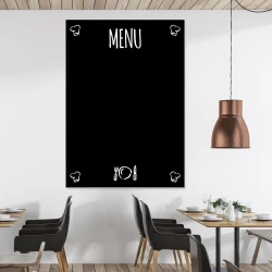 Tablica menu kredowa 043 - Wzór graficzny. Czarna tablica z białym napisem MENU i prostymi ikonami talerza oraz sztućców