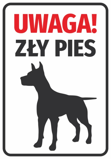 Ostrzegawcza naklejka na bramę z czerwonym napisem Uwaga! Zły pies i czarną sylwetką psa na białym tle