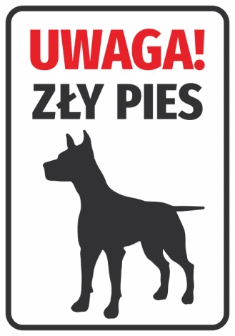 Naklejka z symbolem Uwaga Zły pies - Wzór graficzny. Czarno-biała grafika psa w pozycji stojącej na białym tle