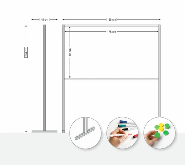 Infografika tablicy wolnostojącej z wymiarami konstrukcji i detalami akcesoriów w kółkach