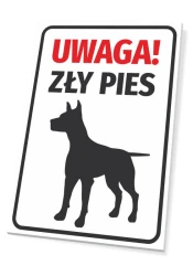 Tabliczka z symbolem Uwaga Zły pies - Wzór graficzny. Czarno-biały piktogram psa z napisem w czerwonym kolorze