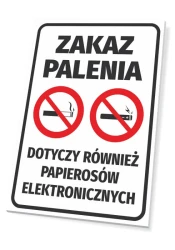 Tabliczka Zakaz palenia, dotyczy również papierosów elektronicznych - Wzór graficzny. Na białym tle znajdują się dwa