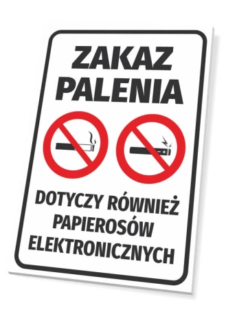 Tabliczka Zakaz palenia, dotyczy również papierosów elektronicznych - Wzór graficzny. Na białym tle znajdują się dwa