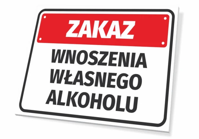 Tabliczka Zakaz wnoszenia własnego alkoholu - Wzór graficzny. Prosta prostokątna tabliczka z czerwonym tłem i białym napisem
