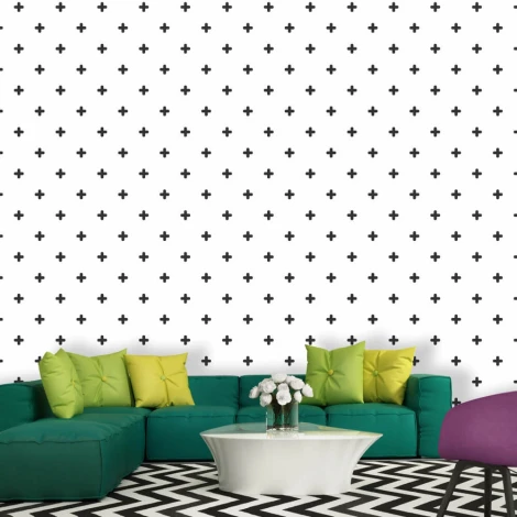 Tapeta do salonu krzyżyki 036 - Aranżacja w nowoczesnym salonie. Zielona sofa z poduszkami w kolorze żółtym