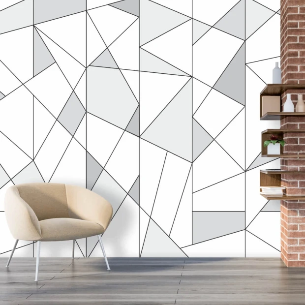 Tapeta do salonu wzór geometryczny 041 - Aranżacja w nowoczesnym wnętrzu. Ściany w jasnych kolorach, podłoga drewniana