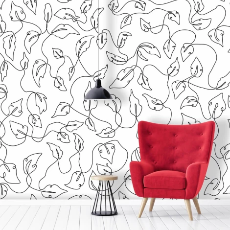 Tapeta liście 053 - Aranżacja w salonie. Ściany w jasnym kolorze, czerwony fotel i czarna lampa