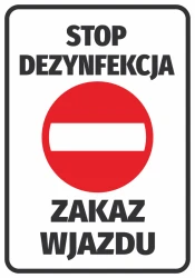 Naklejka Stop dezynfekcja Zakaz wjazdu - Wzór graficzny. Czerwony okrąg z białą poziomą linią i dużymi czarnymi literami