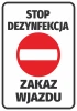 Naklejka Stop dezynfekcja Zakaz wjazdu - Wzór graficzny. Czerwony okrąg z białą poziomą linią i dużymi czarnymi literami