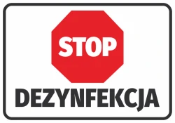 Naklejka Stop dezynfekcja N569 - Wzór graficzny. Czerwony ośmiokąt z białym napisem STOP i czarnym DEZYNFEKCJA