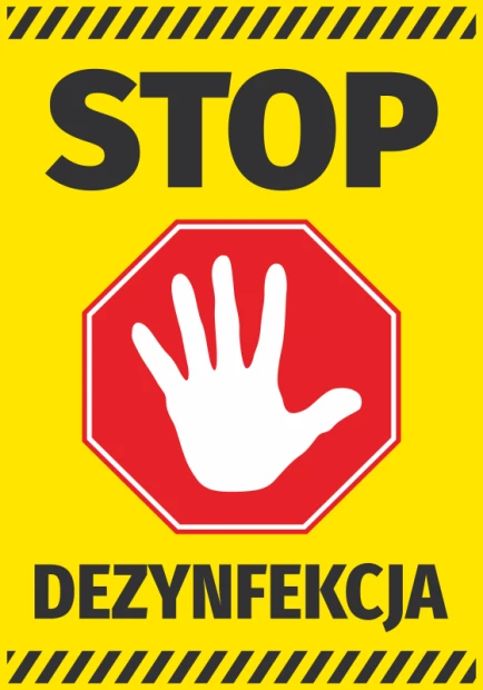 Naklejka Stop dezynfekcja N570 - Wzór graficzny. Żółte tło z czerwoną ośmiokątną ramką i białą dłonią