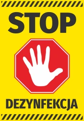 Naklejka Stop dezynfekcja N570 - Wzór graficzny. Żółte tło z czerwoną ośmiokątną ramką i białą dłonią
