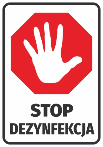 Naklejka Stop dezynfekcja N580 - Wzór graficzny. Czerwony sześciokąt z białą dłonią i czarnym napisem