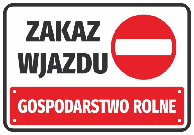 Naklejka BHP z czerwonym znakiem zakazu wjazdu i napisem Gospodarstwo rolne na białym tle grafiki