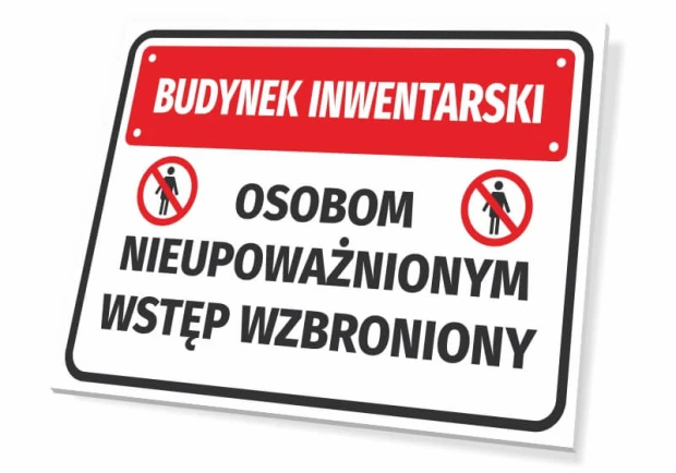 Tabliczka Budynek inwentarski Osobom nieupoważnionym wstęp wzbroniony - Wzór graficzny. Prostokątna tabliczka z czerwoną