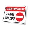 Tabliczka Teren prywatny Zakaz wjazdu - Wzór graficzny. Prostokątna tabliczka z czerwonym tłem, białym napisem i symbolem
