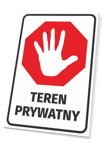 Tabliczka ostrzegawcza Teren prywatny z piktogramem białej dłoni na czerwonym ośmiokącie, wizualizacja wzoru