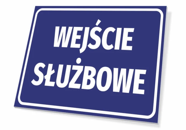 Tabliczka Wejście służbowe - Wzór graficzny. Niebieskie tło z białym napisem WEJŚCIE SŁUŻBOWE