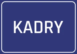 Naklejka Kadry - Wzór graficzny. Niebieskie tło z białym napisem KADRY w dużych literach