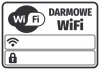 Naklejka Darmowe WiFi - Wzór graficzny. Grafika przedstawia napis Darmowe WiFi oraz symbole WiFi i kłódki