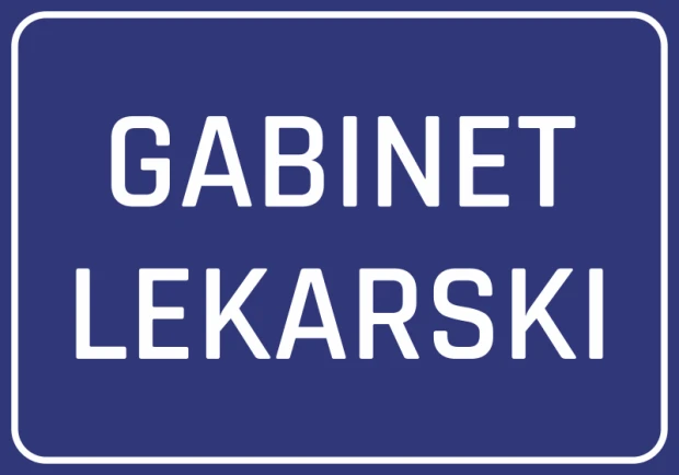 Niebieska prostokątna naklejka informacyjna na drzwi z białym napisem GABINET LEKARSKI i ramką na białym tle