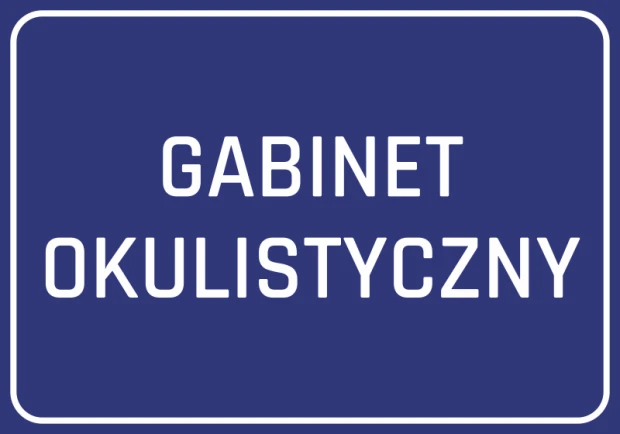 Niebieska naklejka informacyjna na drzwi z białym napisem GABINET OKULISTYCZNY i ramką, pokazana na białym tle