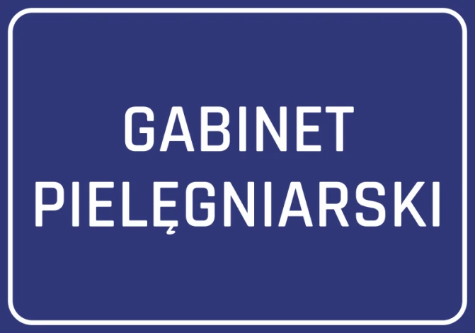 Naklejka Gabinet pielęgniarski - Wzór graficzny. Prosty, prostokątny kształt z białym napisem na ciemnoniebieskim tle