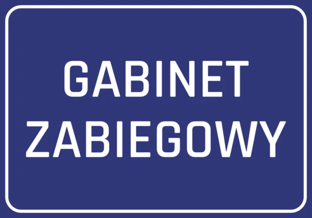 Niebieska naklejka informacyjna na drzwi z białym napisem Gabinet zabiegowy i ramką, przedstawiona na białym tle