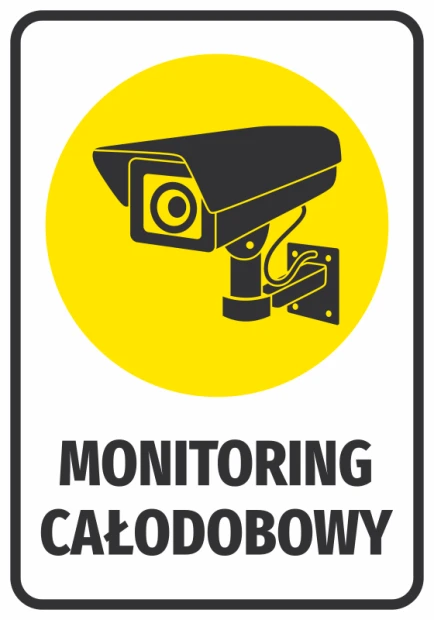 Naklejka Monitoring całodobowy - Wzór graficzny. Czarna kamera na żółtym tle z napisem w dolnej części