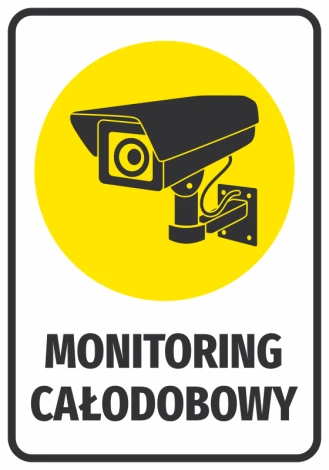 Naklejka Monitoring całodobowy - Wzór graficzny. Czarna kamera na żółtym tle z napisem w dolnej części