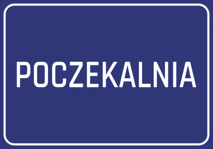 Naklejka Poczekalnia - Wzór graficzny. Prosty, prostokątny kształt z dużym napisem POCZEKALNIA na ciemnoniebieskim tle