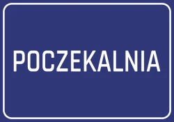 Naklejka Poczekalnia - Wzór graficzny. Prosty, prostokątny kształt z dużym napisem POCZEKALNIA na ciemnoniebieskim tle
