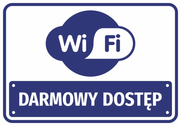 Niebieska naklejka informacyjna z piktogramem WiFi oraz białym napisem Darmowy dostęp na białym tle